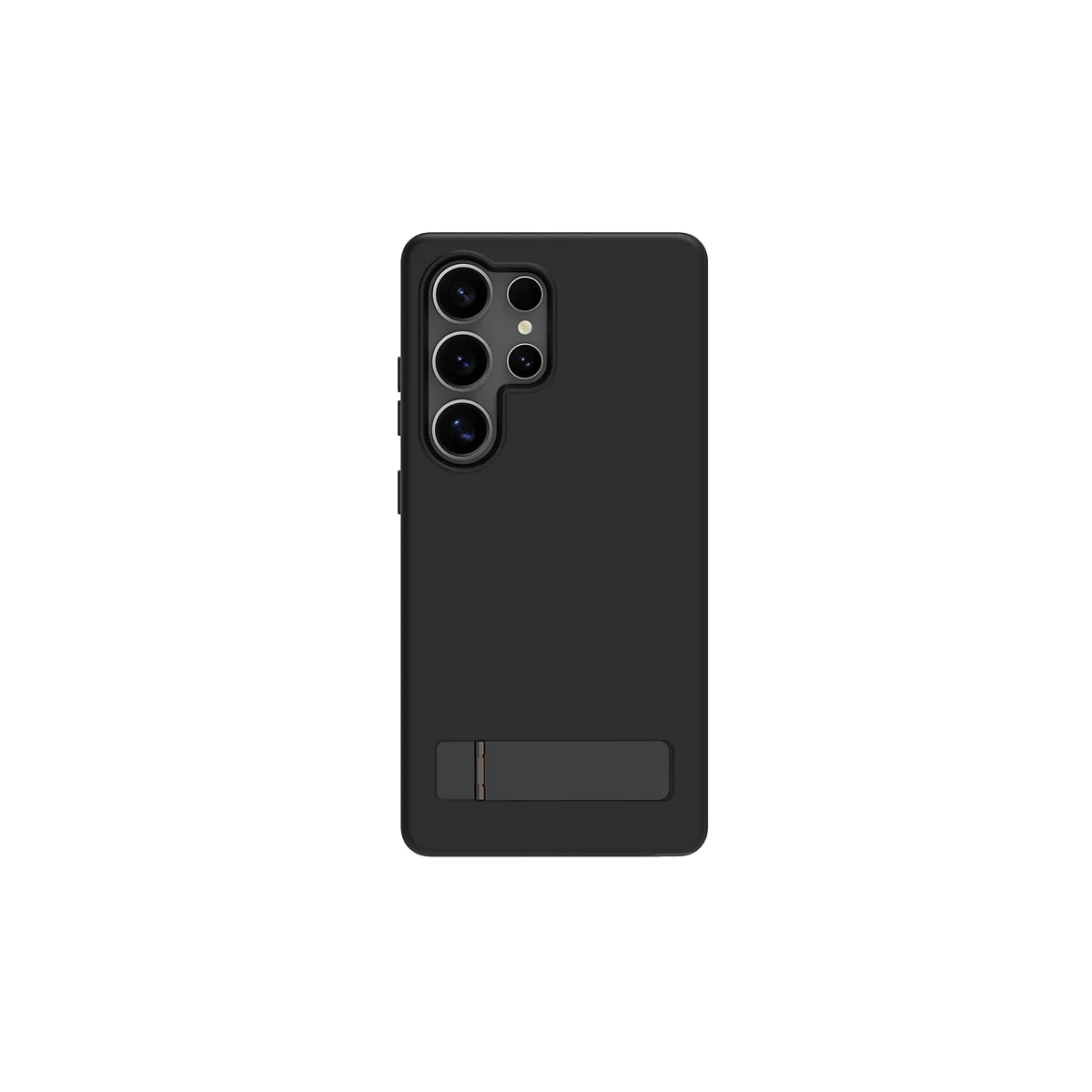 Coque de smartphone noire avec caméras, support. Vue arrière sur fond blanc.