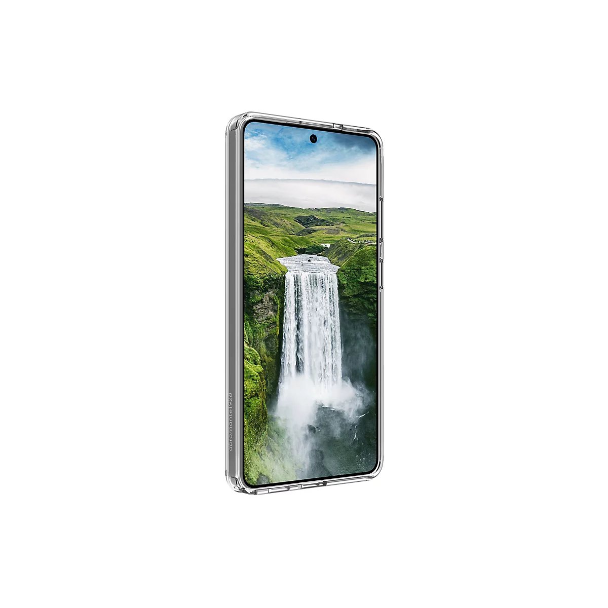 Smartphone dans un étui de protection transparent. Une cascade dans un paysage verdoyant est visible sur l'écran.