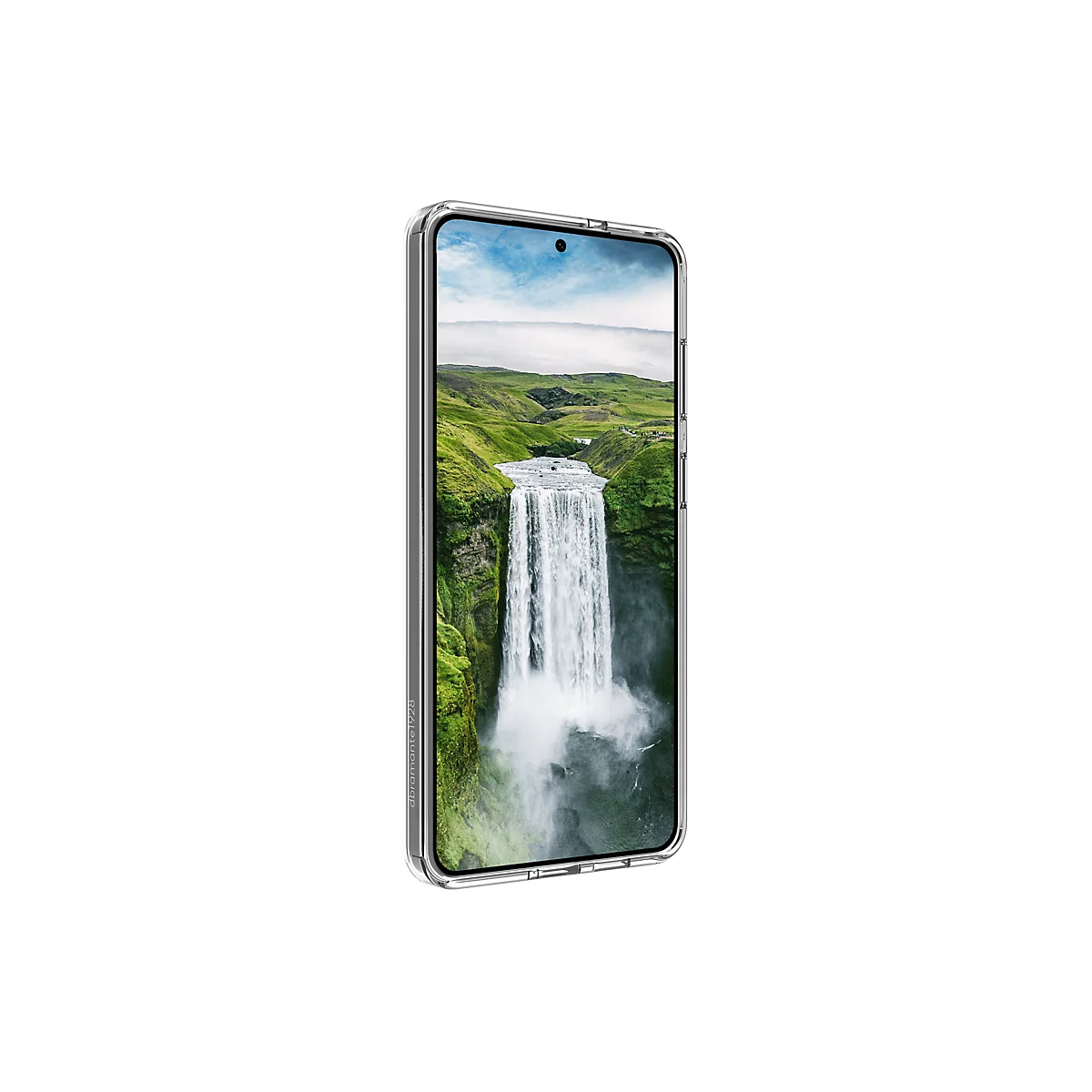 Un smartphone avec une coque transparente. Une cascade dans un paysage verdoyant est visible sur l'écran.