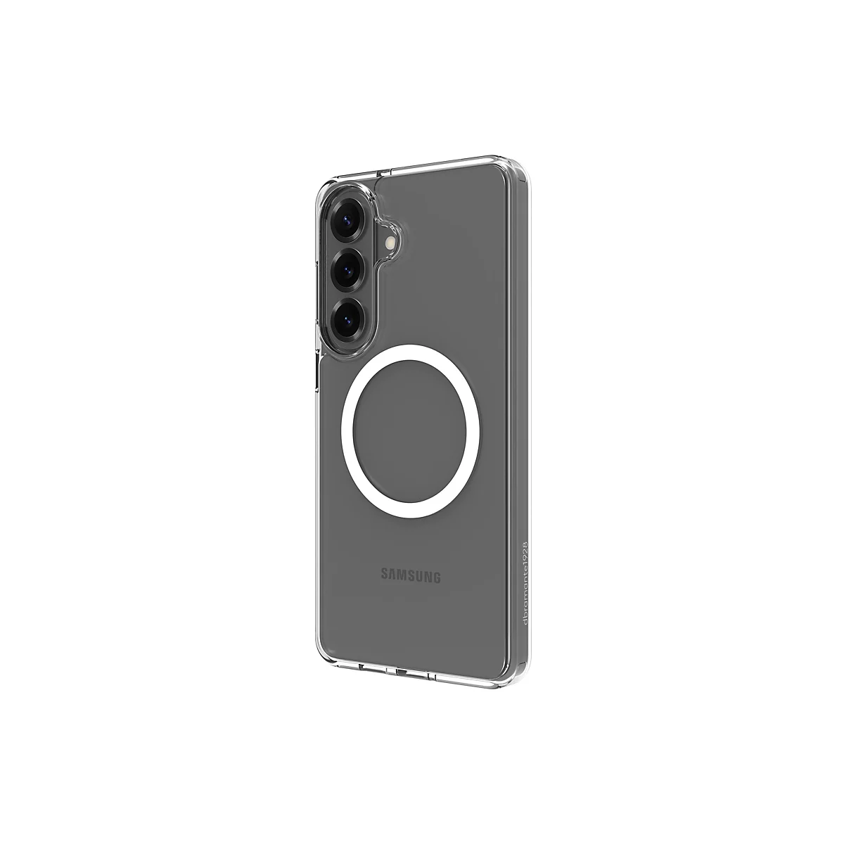 Coque de téléphone transparente pour un smartphone Samsung, debout. Il y a 3 lentilles de caméra en haut à gauche. Un cercle blanc est visible au dos.