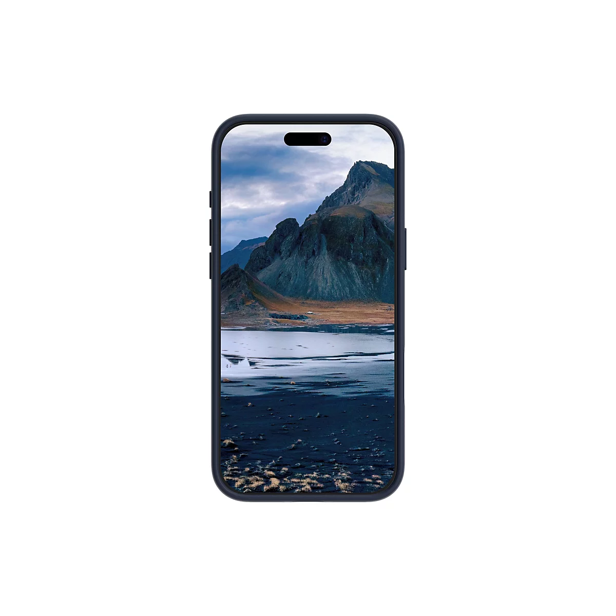 Smartphone affichant un paysage : montagnes, lac et ciel. Le téléphone a un cadre noir et est placé sur fond blanc.