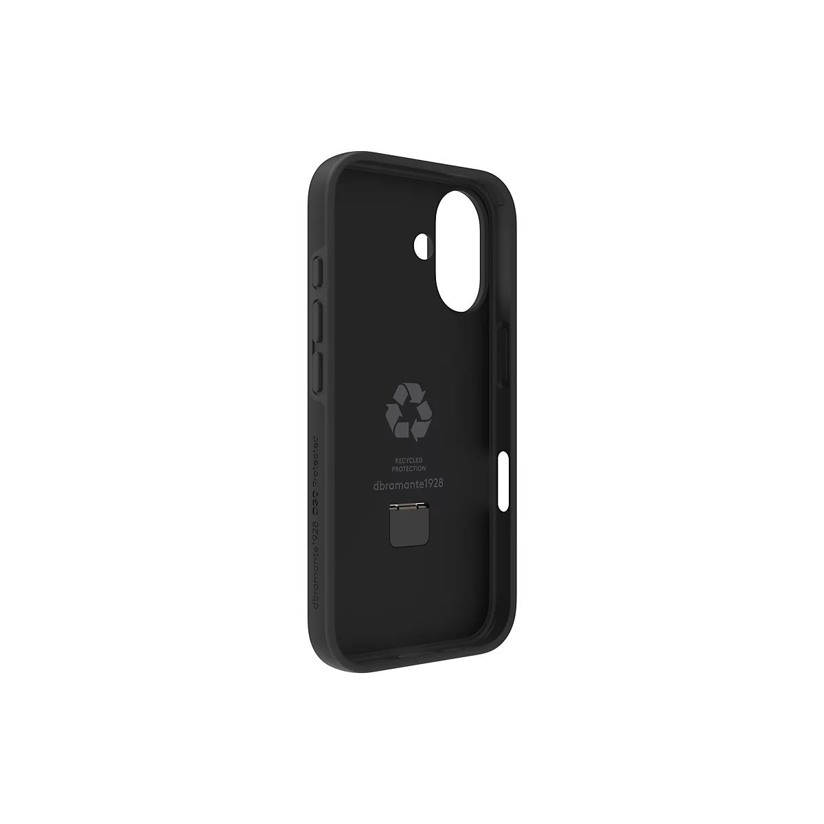 Coque de smartphone noire, logo de recyclage, nom de la marque.