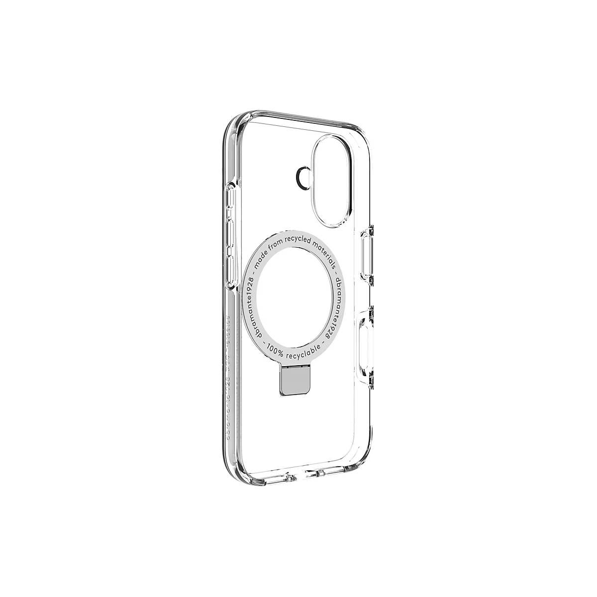 Coque de téléphone transparente avec une zone circulaire pour le chargement sans fil. Inscription : fabriqué à partir de matériaux recyclés, 100 % recyclable.