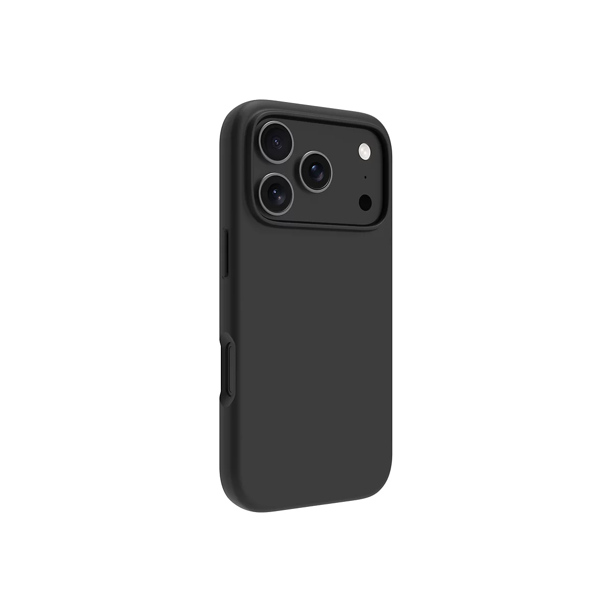 Coque de téléphone noire avec trois découpes pour l'appareil photo et des boutons latéraux, sur fond blanc.