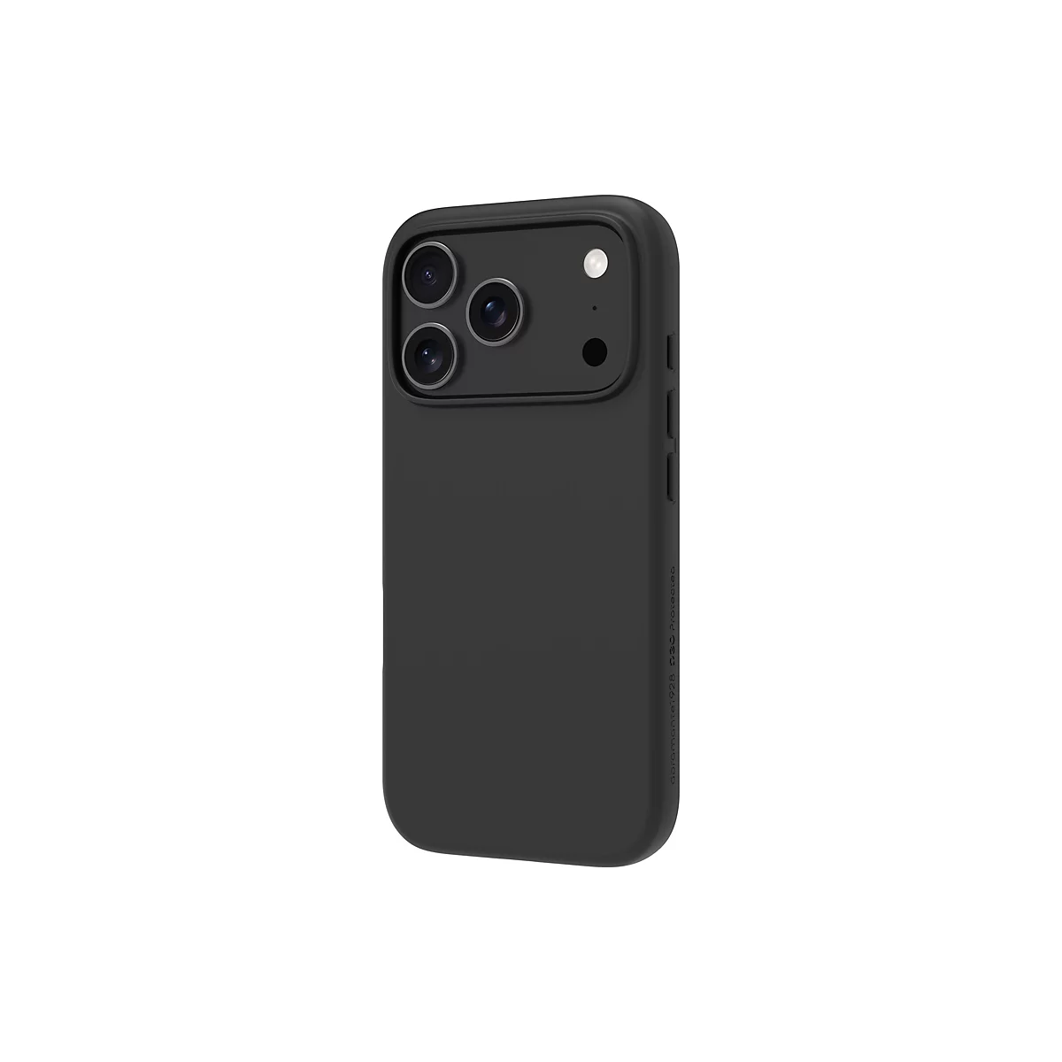 Coque de smartphone noire, triple caméra, avec boutons latéraux et branding.
