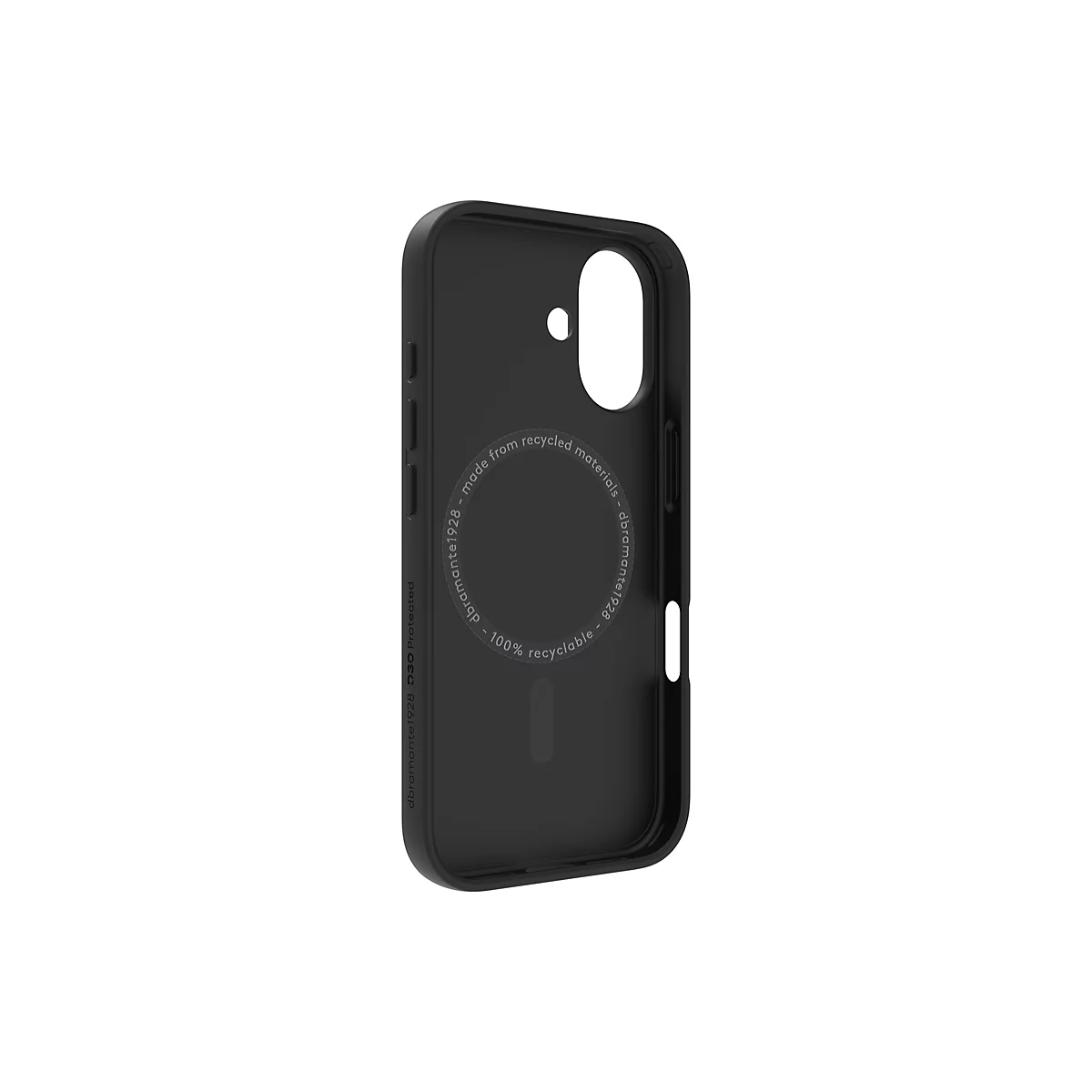 Coque de téléphone noire avec découpes pour appareil photo et boutons. Texte tout autour : "dbramante1928 - made from recycled materials - 100% recyclable".