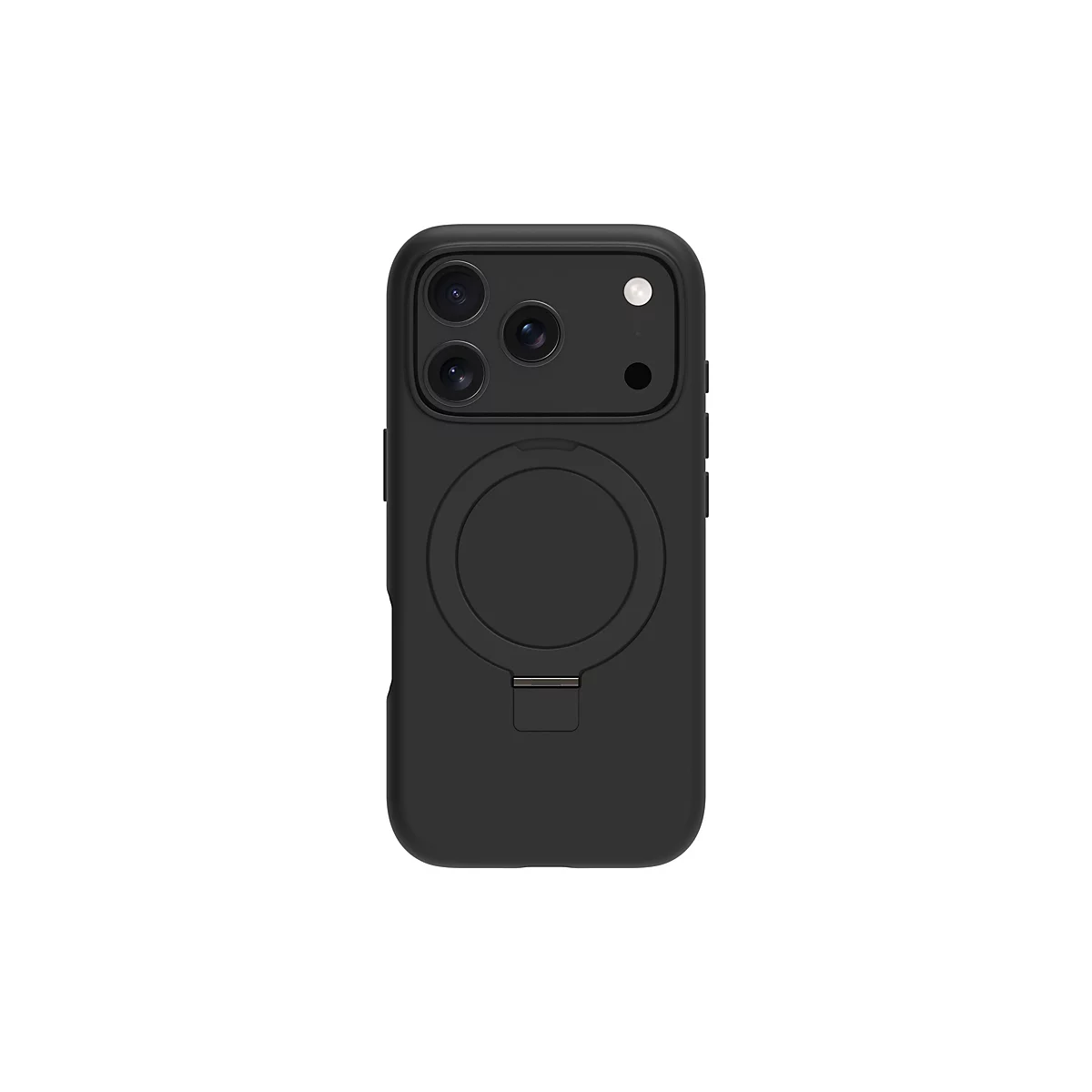 Coque de téléphone noire avec découpe pour appareil photo, anneau MagSafe et support pliable sur fond blanc.