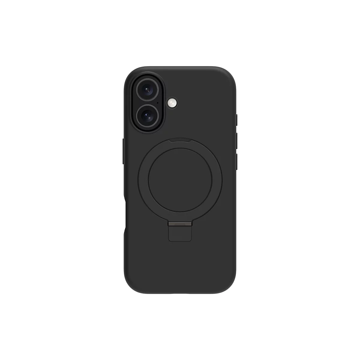 Coque de téléphone noire avec découpes pour appareil photo et support, sur fond blanc.