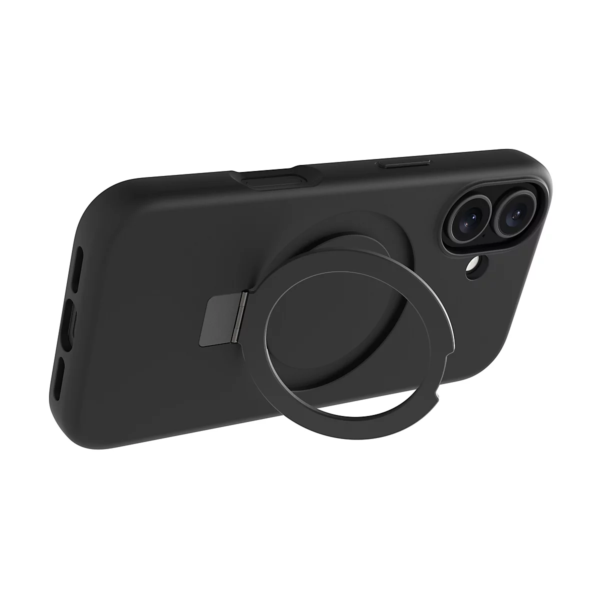Smartphone noir avec coque et support en anneau, plan rapproché. L'objet se dresse sur fond blanc.