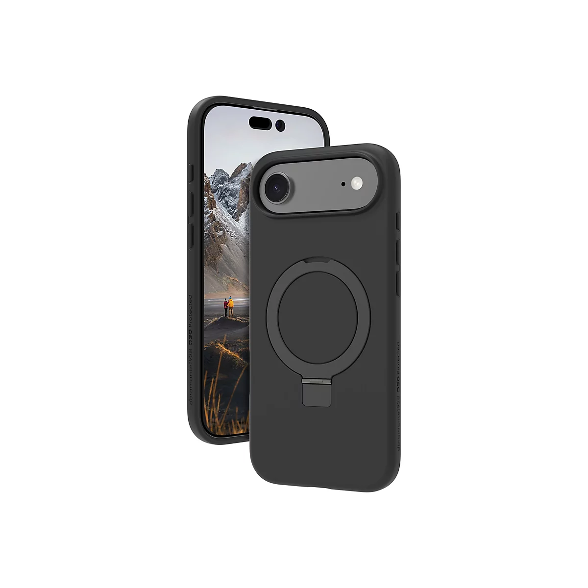 Coque de téléphone noire avec fonction MagSafe et support intégré. À côté, un iPhone avec un paysage de montagne sur l'écran.