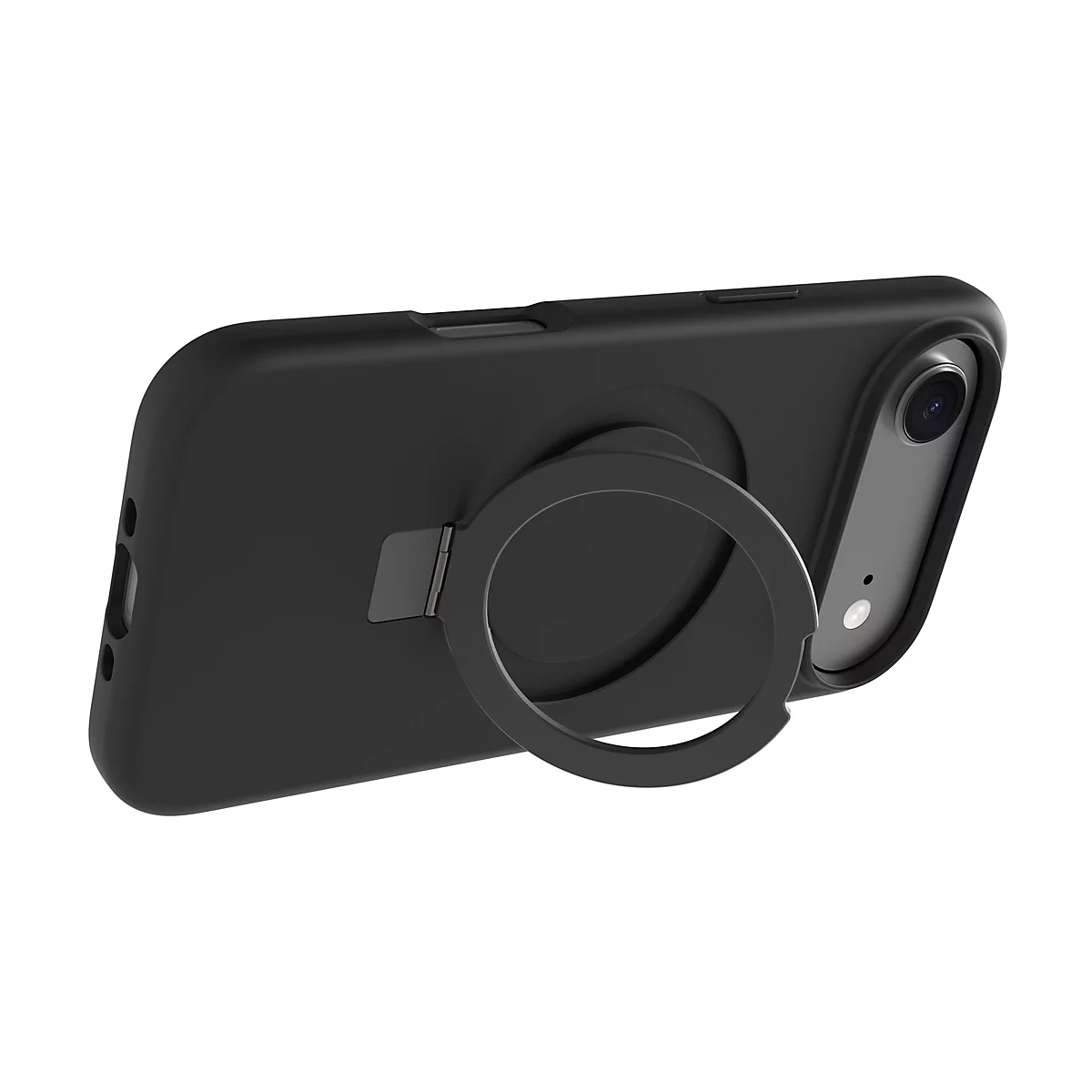 Smartphone noir avec coque, zone de caméra et support en anneau. Le support est déplié et forme un cercle.