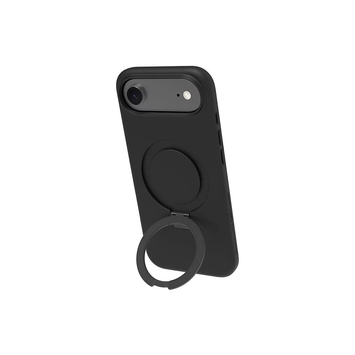Coque de téléphone noire avec zone caméra et porte-anneau, légèrement inclinée, sur fond blanc.