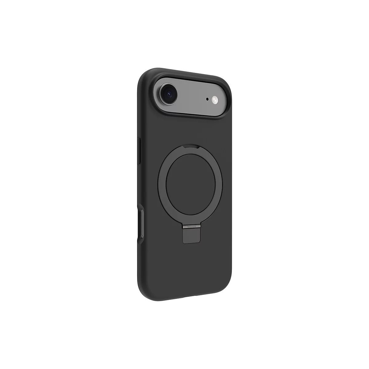 Coque noire pour iPhone avec zone caméra, porte-anneau et support pliable. Sur fond blanc.