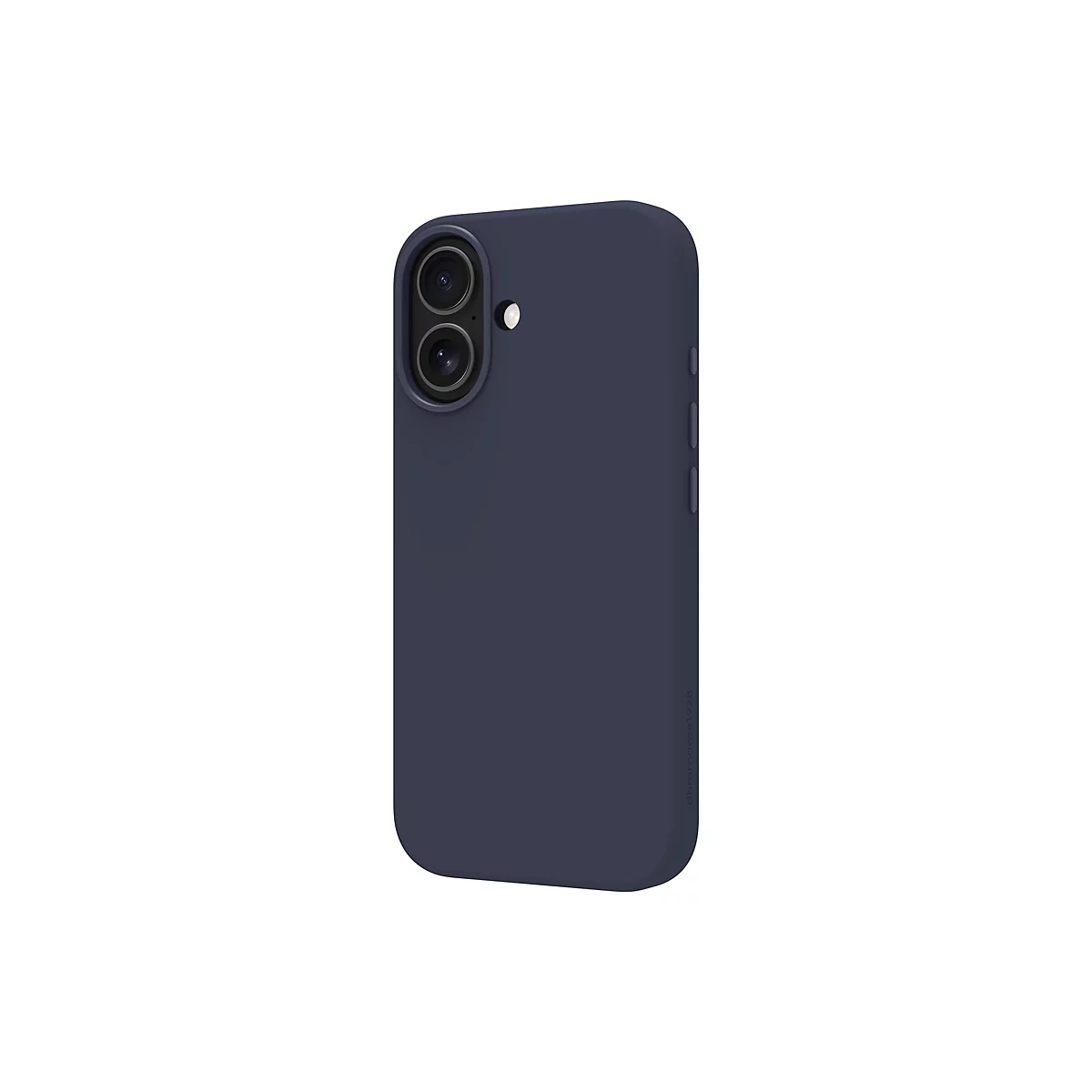 Coque de téléphone bleu foncé de profil. Les lentilles de l'appareil photo sont visibles en haut, avec un flash à gauche.