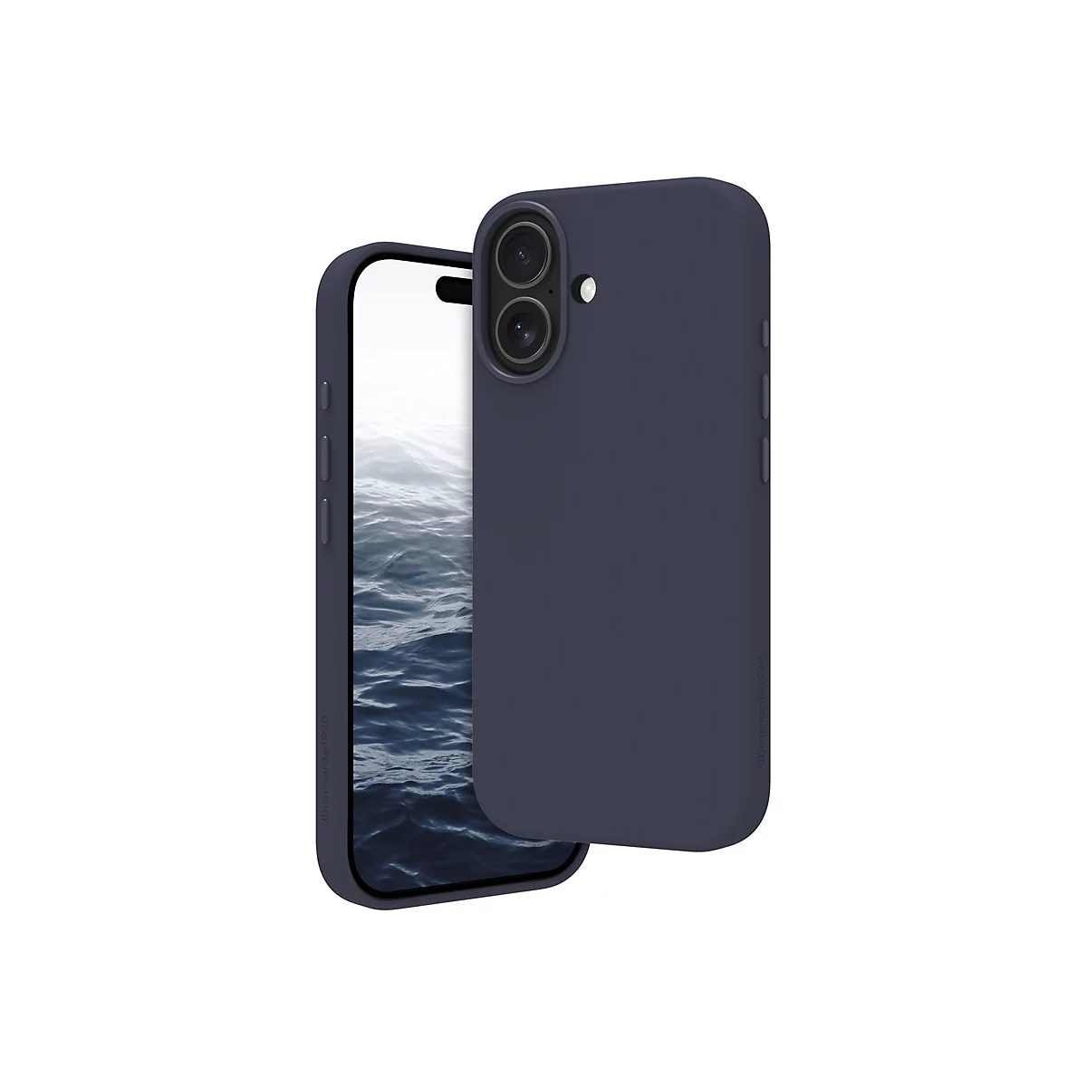 Un smartphone bleu foncé avec étui, légèrement incliné, sur fond blanc. L'étui entoure complètement le téléphone.