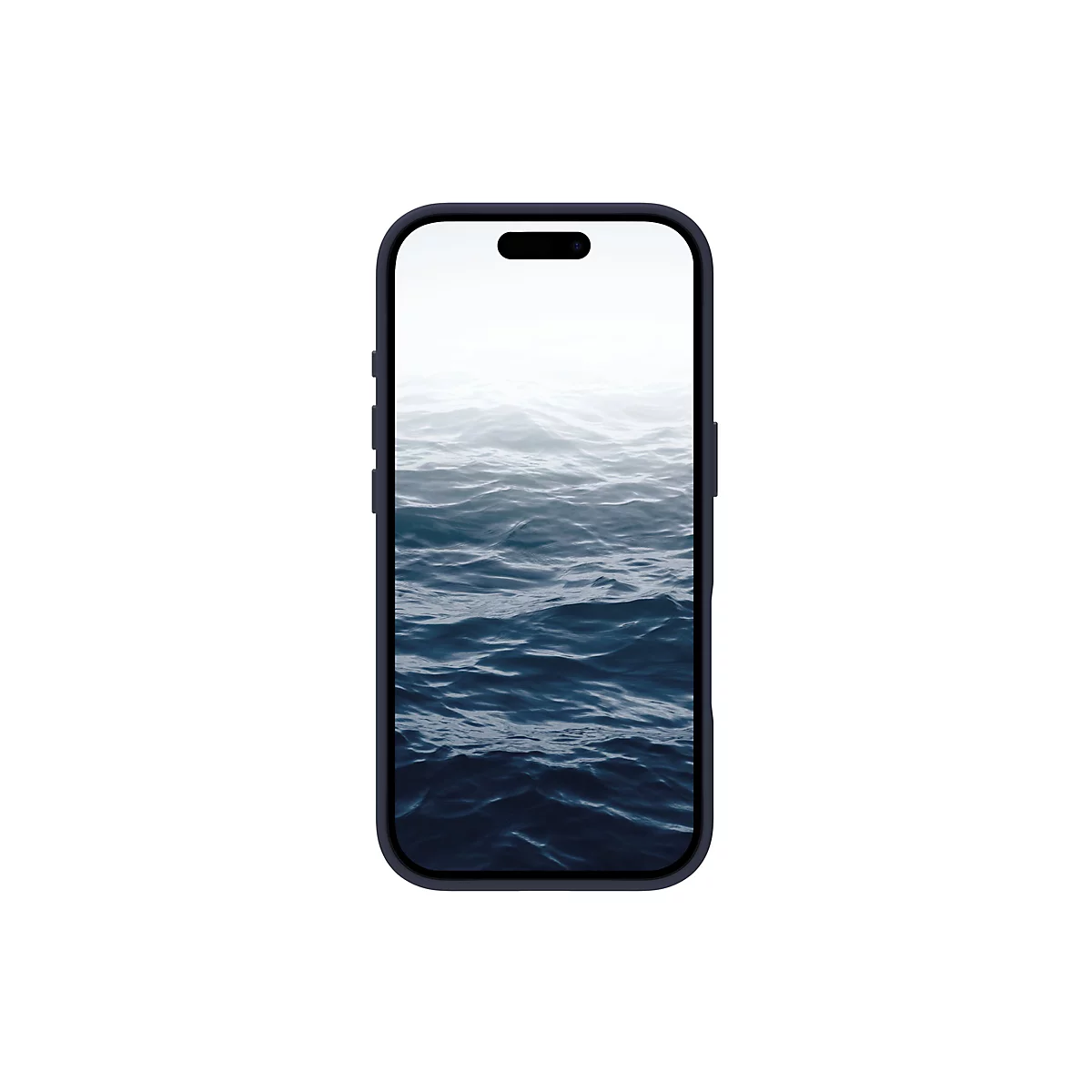 Écran de smartphone bleu foncé avec des vagues sur fond blanc.