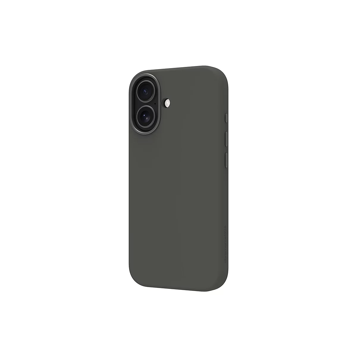 Coque de smartphone vert foncé, vue détaillée. Ouvertures pour la caméra en haut, boutons à droite. Texte : dbramante1928.