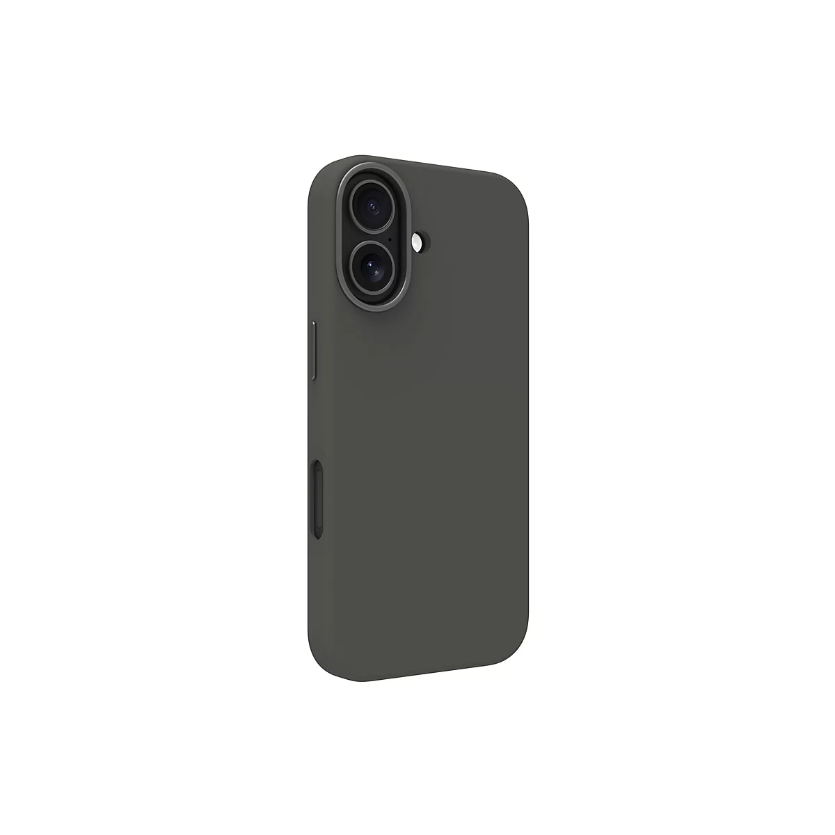 Coque de smartphone vert foncé avec caméra et boutons. Le fond est blanc.