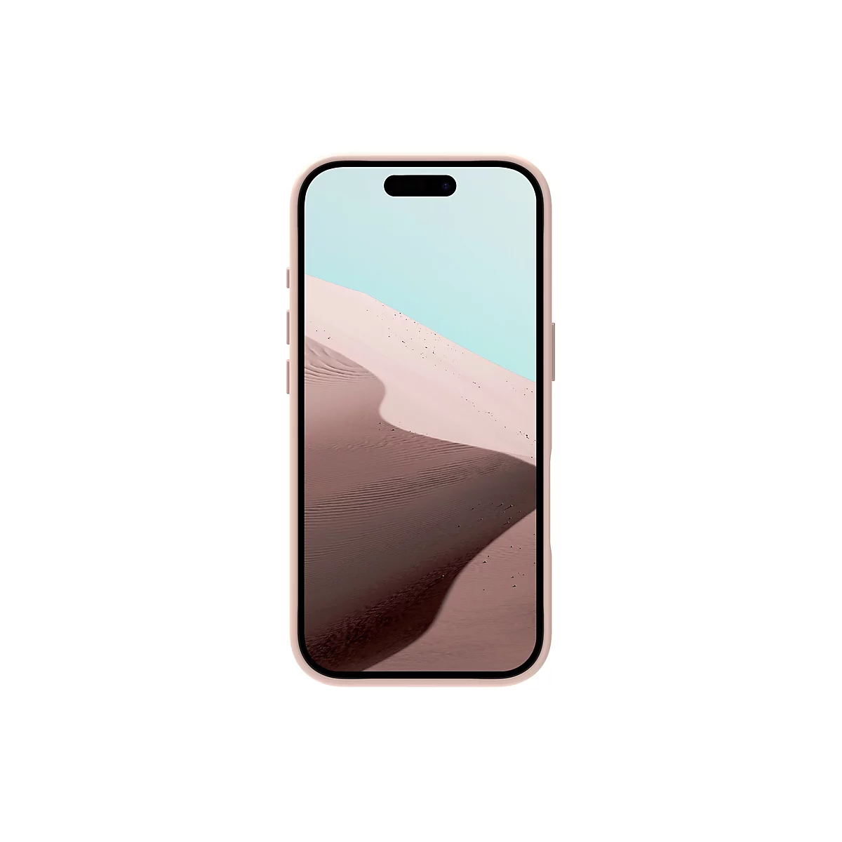 Un téléphone mobile iPhone dans un étui rose sur fond blanc. L'écran affiche une photo de paysage de dunes de sable.