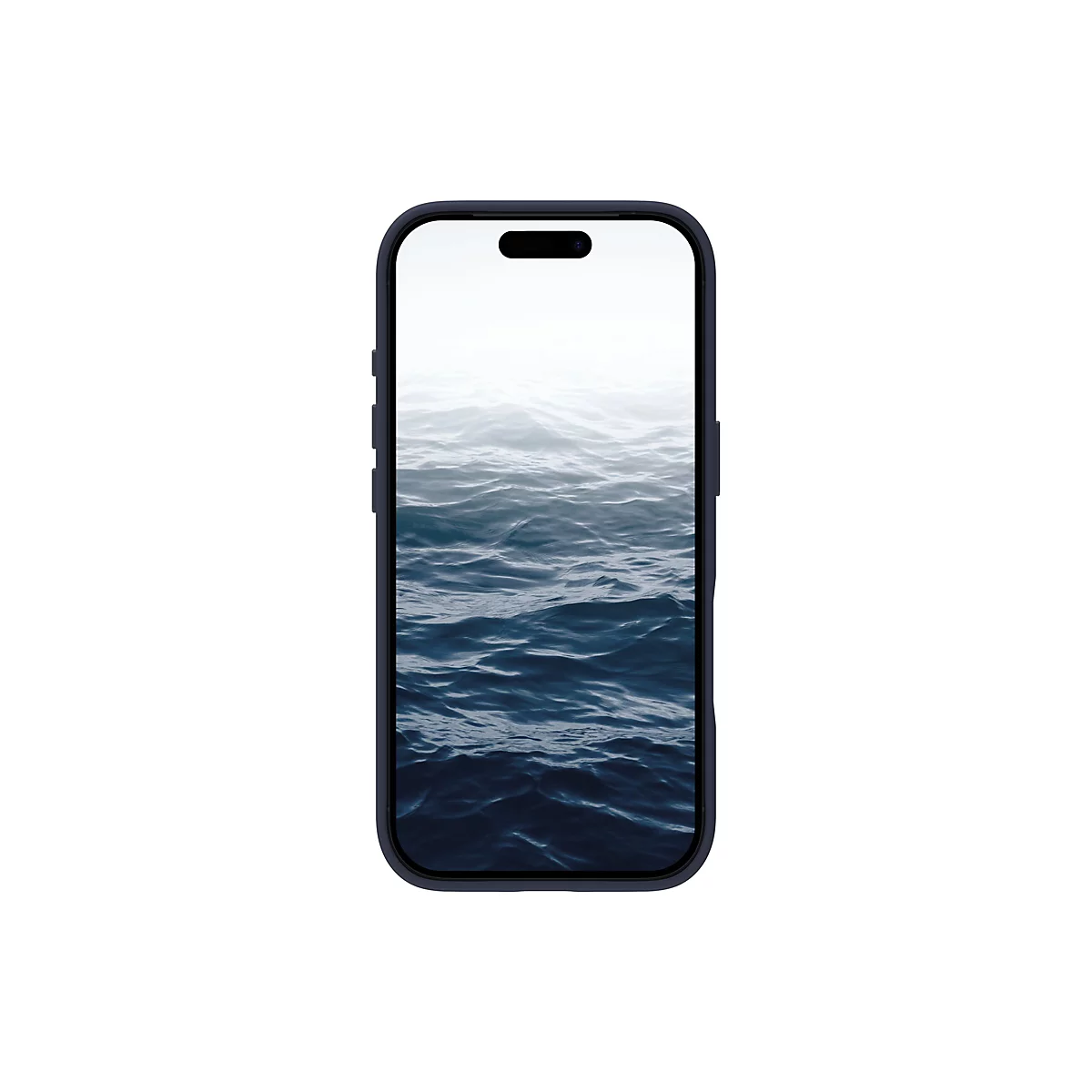 Écran de smartphone affichant la mer avec des vagues reflétées sur l'écran. Le bord du téléphone est bleu foncé.