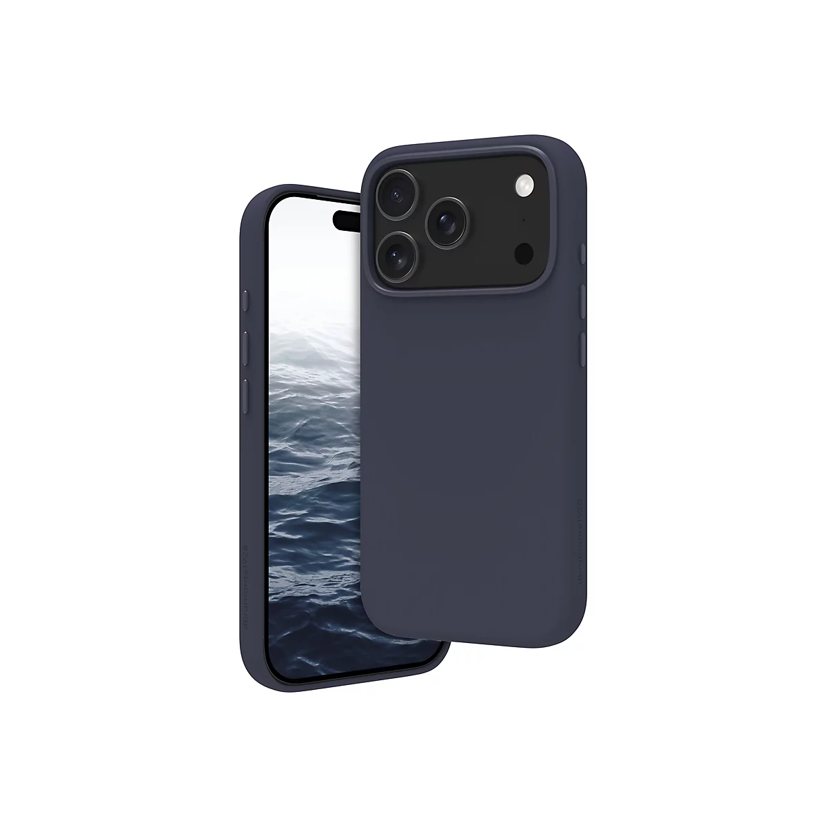 Un iPhone bleu foncé avec un étui, l'écran affiche de l'eau.