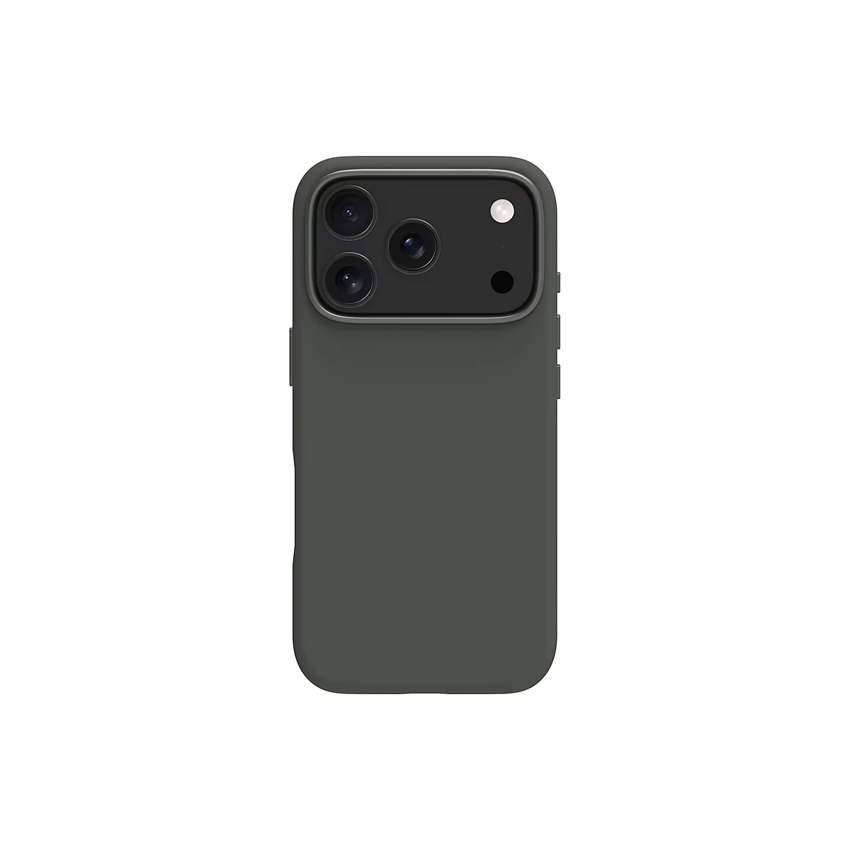 Coque de téléphone vert foncé avec découpe pour l'appareil photo sur fond blanc. Trois objectifs, un flash et un microphone sont visibles.