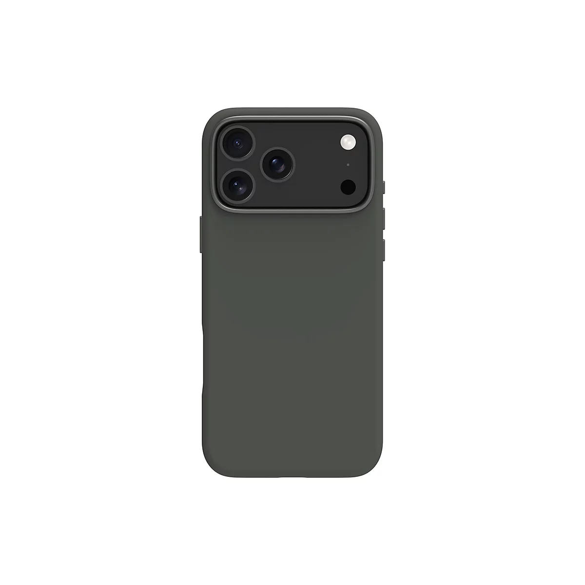 Coque de téléphone vert foncé avec trois objectifs et un flash sur fond blanc.