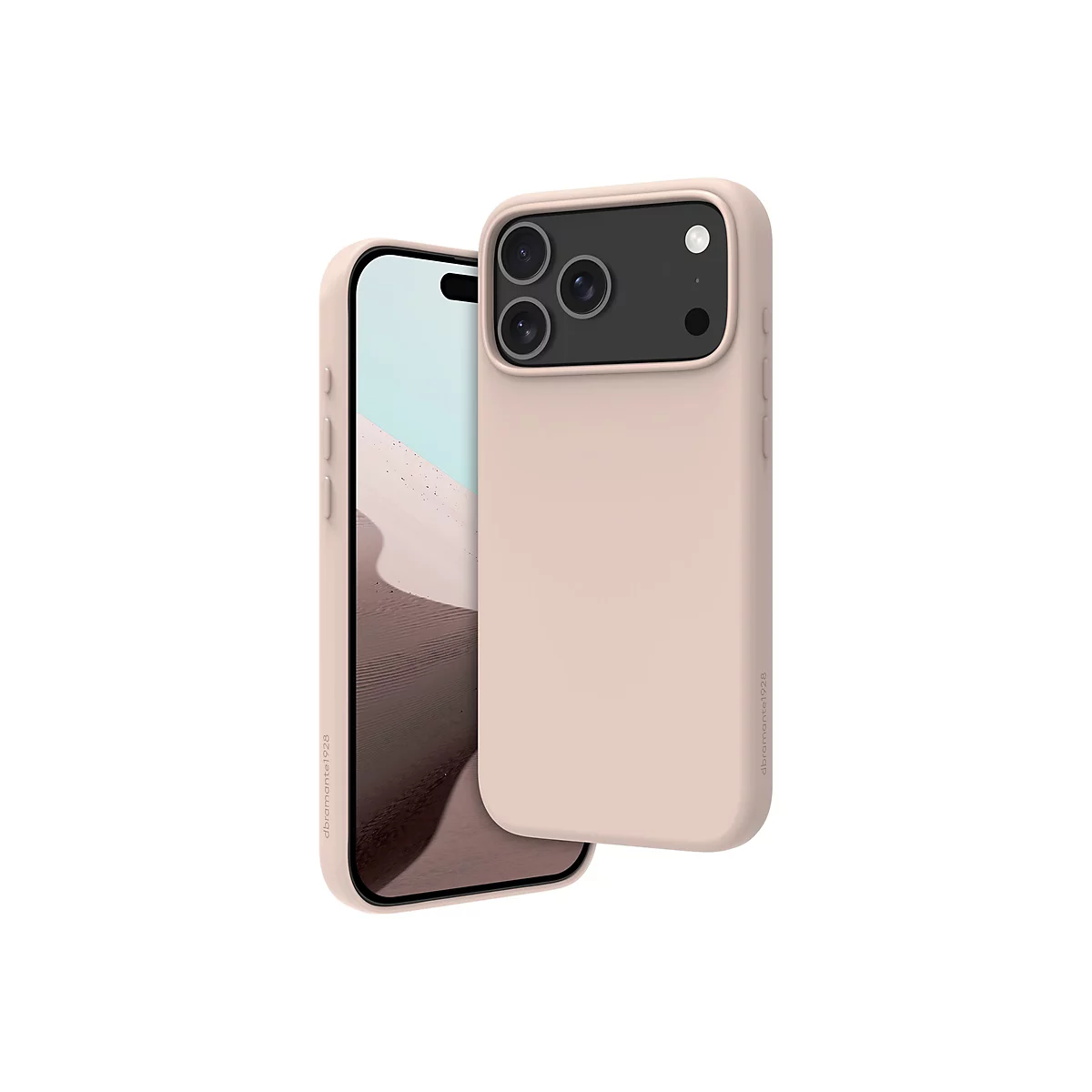 iPhone 14 Pro rose clair avec étui, à gauche, légèrement ouvert. Écran affichant un paysage désertique.