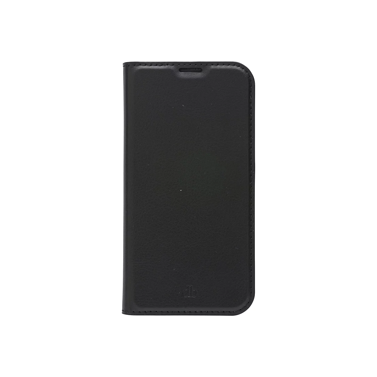 Schwarzes Handy-Case im geschlossenen Zustand vor weißem Hintergrund. Oberhalb des Cases eine Aussparung für die Ohrmuschel, unten rechts ein Markenlogo.