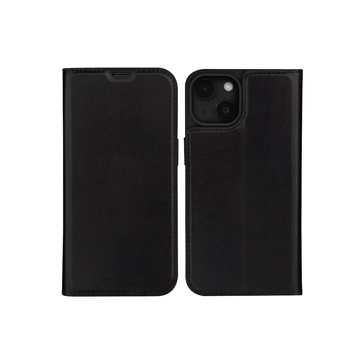 Schwarzes Handy-Case mit iPhone im geöffneten Zustand. Das Case hat eine lederartige Struktur und den Schriftzug 'dbrantente1928'.