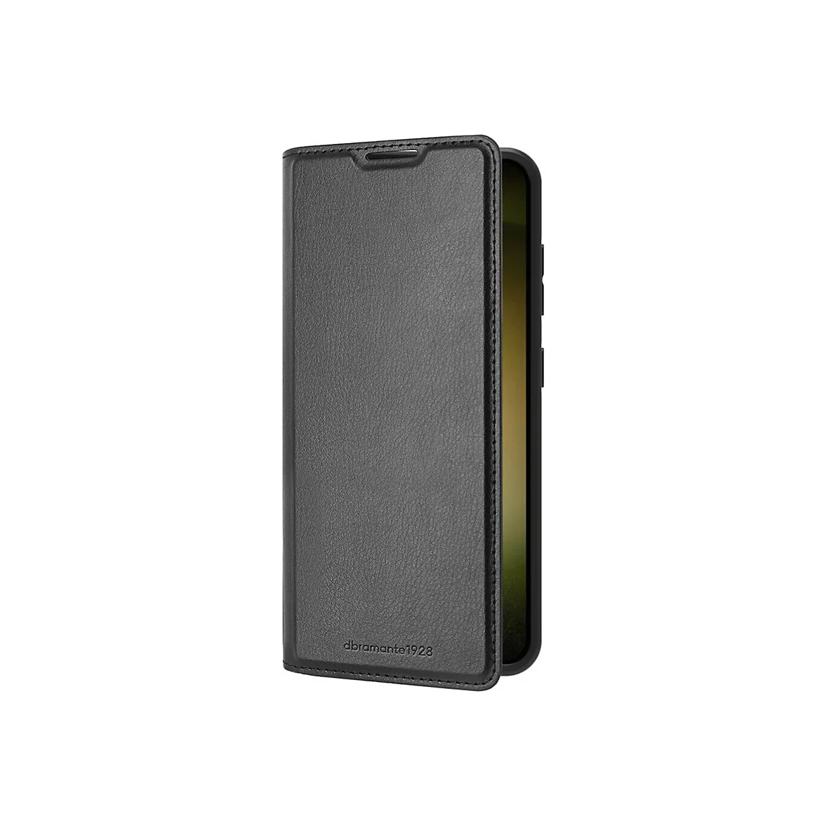Graue Handyhülle im geöffneten Zustand, mit sichtbarem Handy, geprägt von „dbrante1928“.