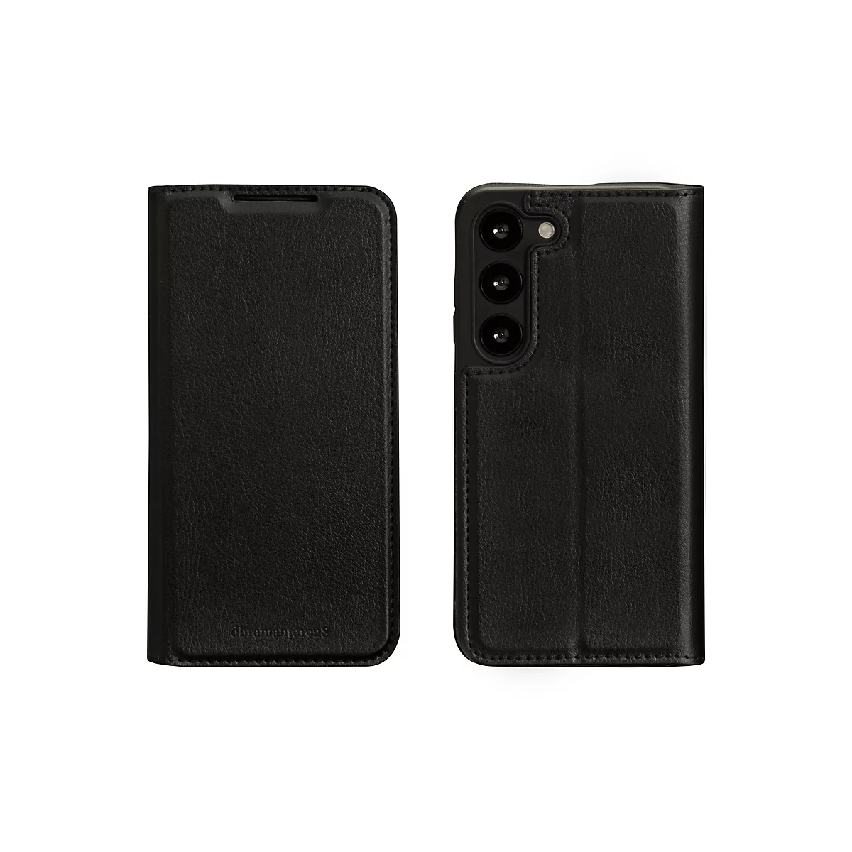 Schwarzes Handy-Flipcase, offen und geschlossen, aus Leder mit Logo.