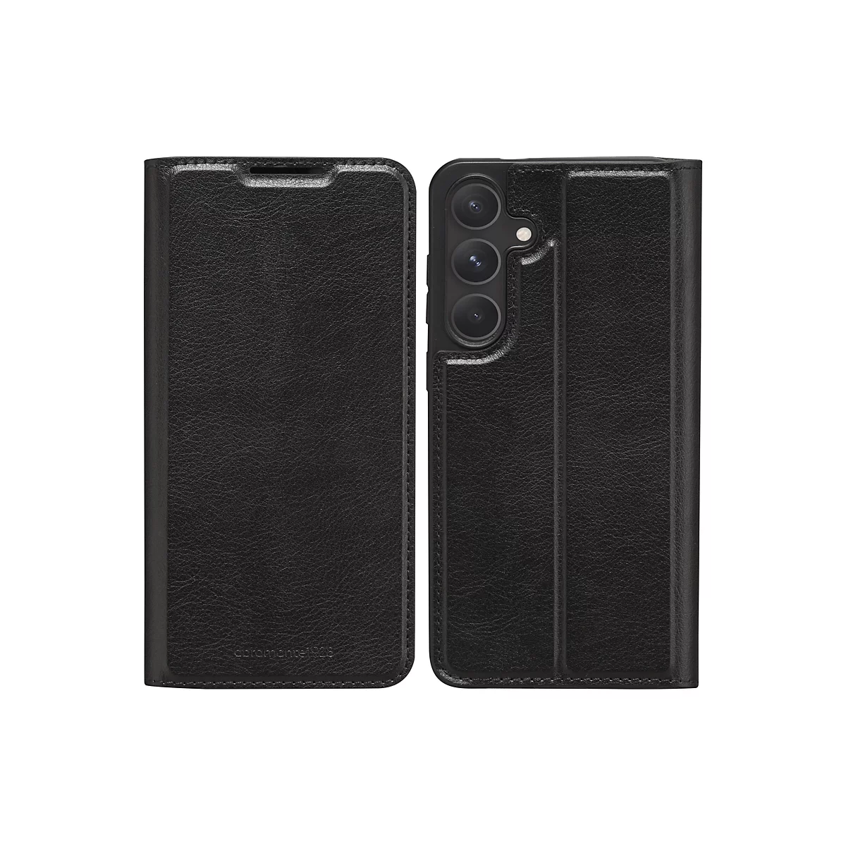 Schwarze Handyhülle aus Leder mit Klappfunktion. Die Hülle ist geöffnet, um das Innere zu zeigen.