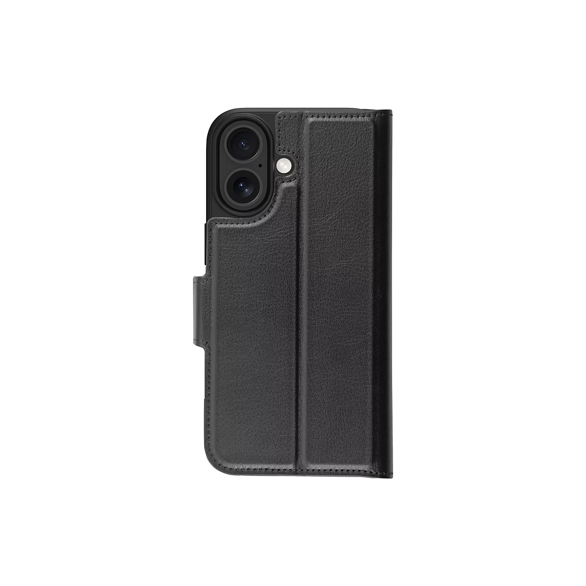 Schwarze Handyhülle mit Klappfunktion. Die Hülle umschließt das Handy komplett, Kamerabereich ausgespart. Außen strukturiertes Leder, innen glatt.