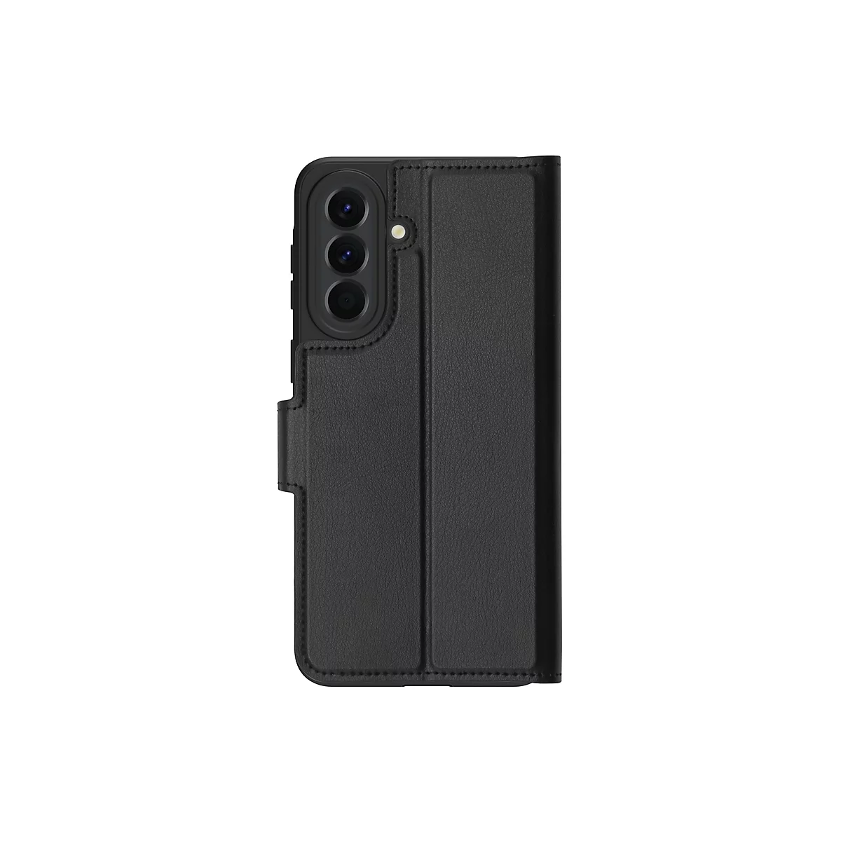 Schwarze Handyhülle mit Klappfunktion; das Gehäuse ist strukturiert, die Kamera ist freiliegend.