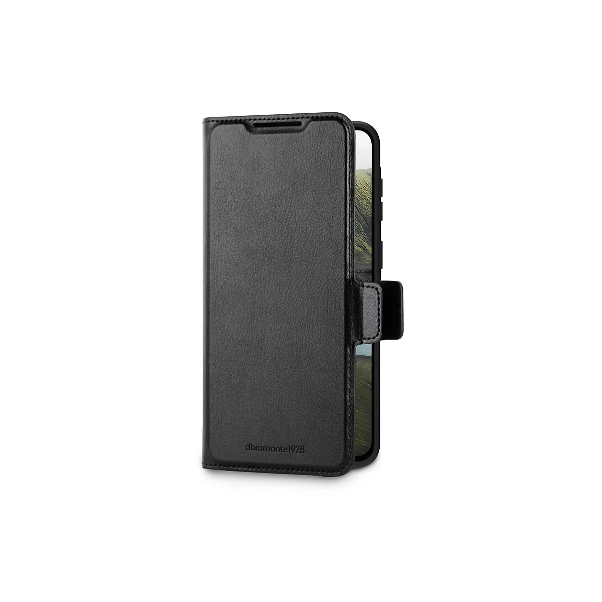 Schwarze Leder-Handyhülle im offenen Zustand. Auf der Vorderseite ist der Schriftzug "dramante1928" zu sehen. Im Inneren ist das Smartphone teilweise sichtbar.
