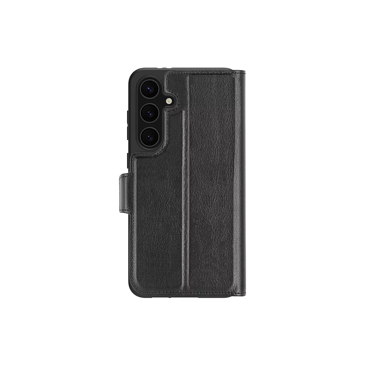 Schwarze Handyhülle für Samsung, geschlossen. Auf der linken Seite sind die drei Kameralinsen zu sehen.