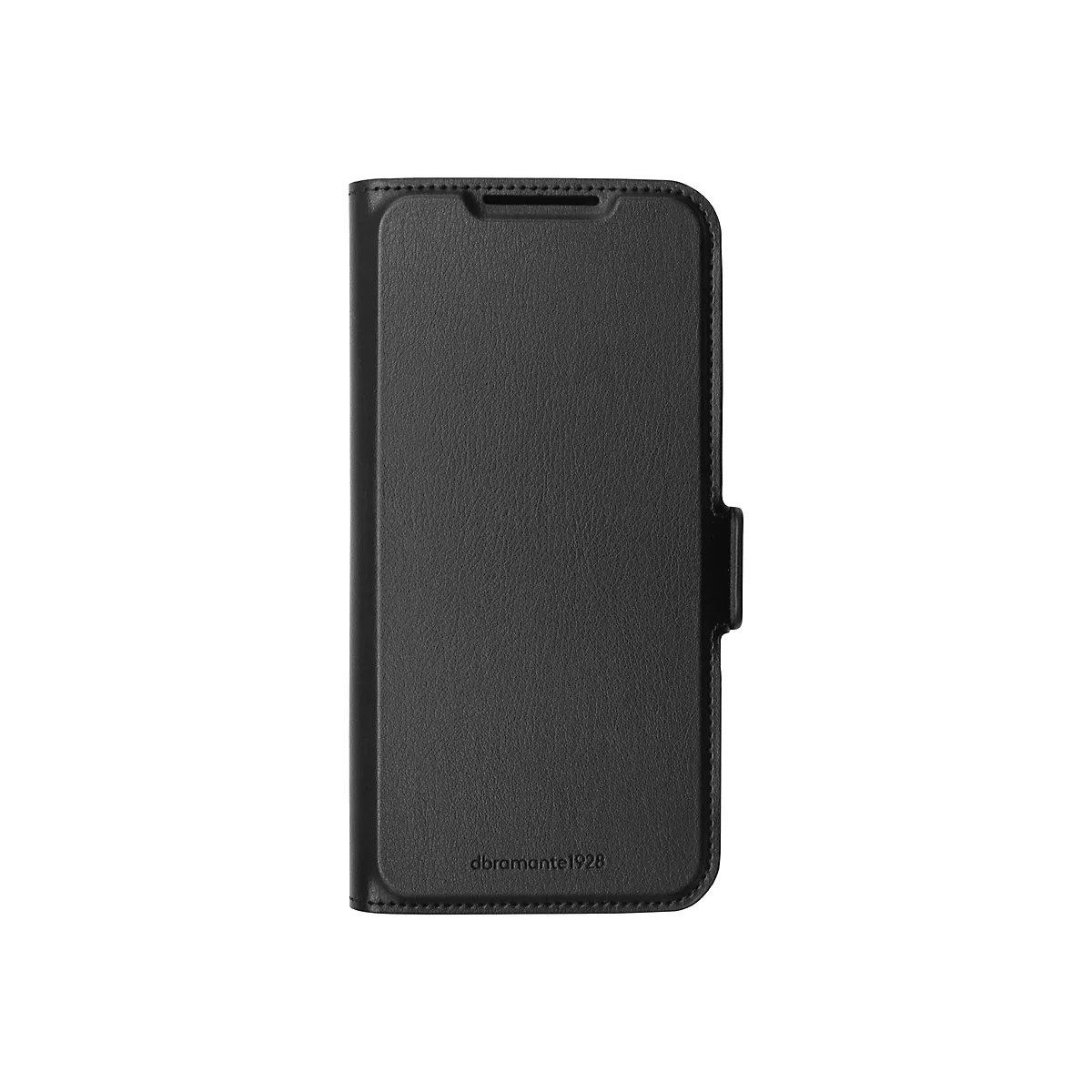 Schwarze Handyhülle mit Klappfunktion. Auf der Hülle ist der Schriftzug „dramante1928“ zu sehen.