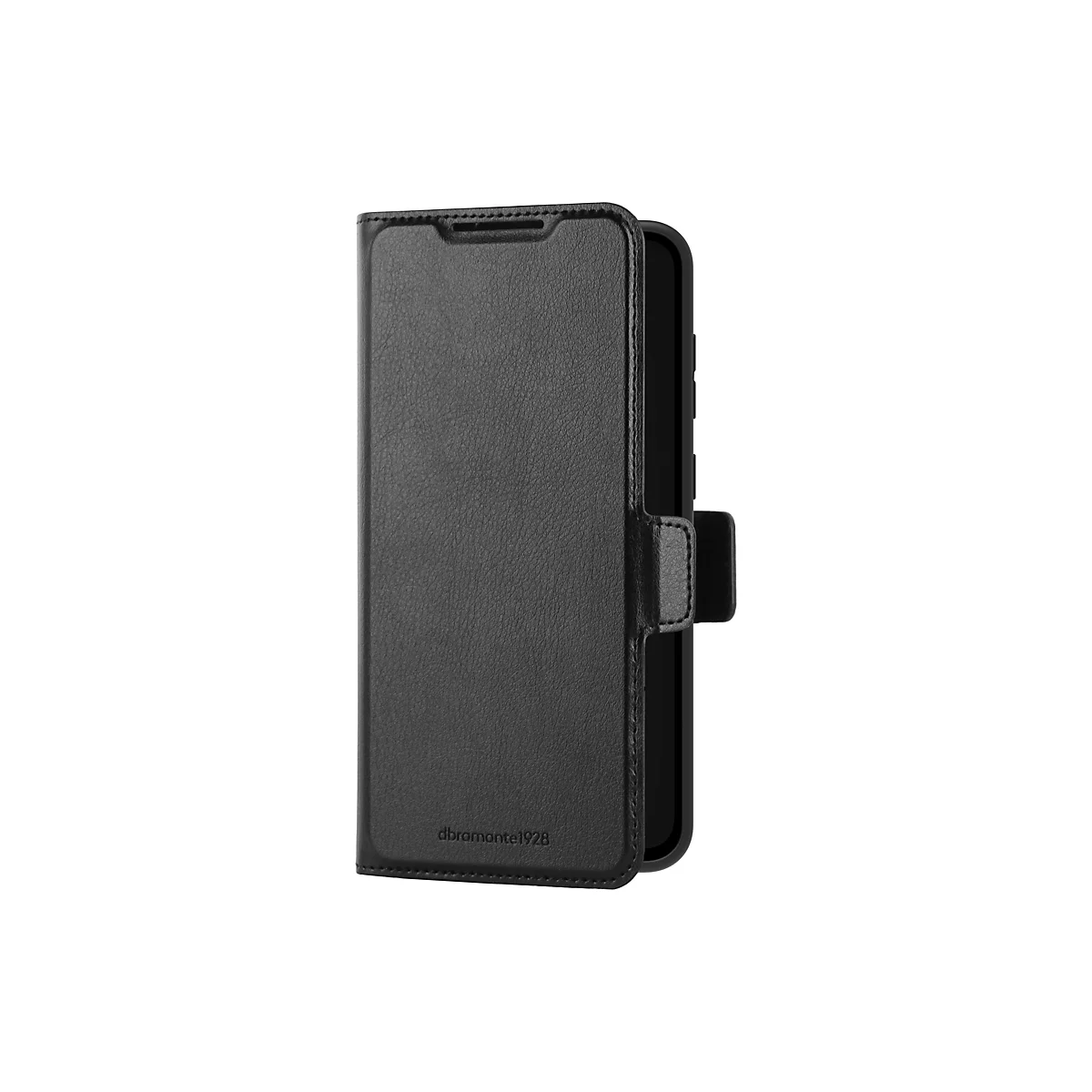 Schwarze Handyhülle mit Lederstruktur, offen. Der Verschluss ist geschlossen.