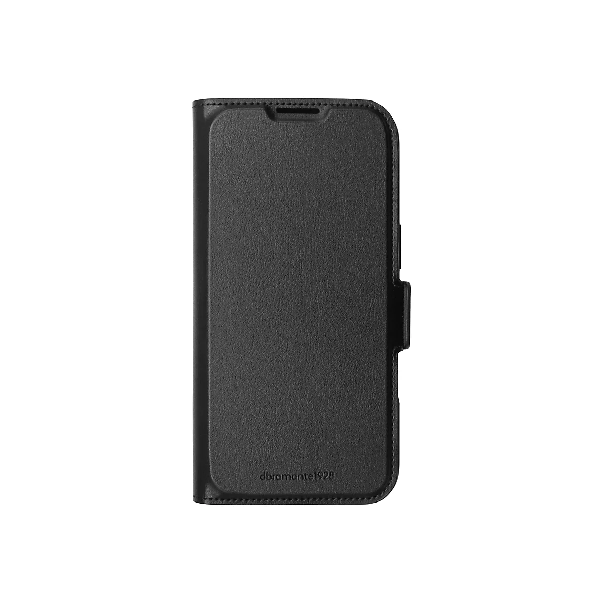 Schwarze Handyhülle aus Leder. Auf der Hülle ist der Schriftzug 'dramante1928' zu sehen.