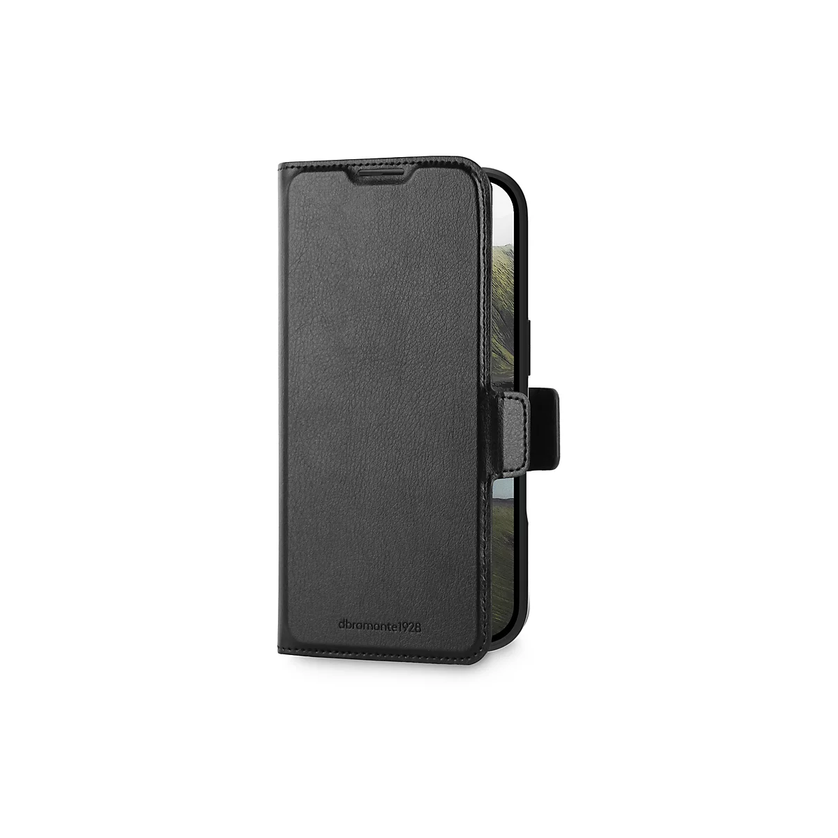 Schwarze Handy-Schutzhülle aus Leder. Das Cover ist aufgeklappt, sodass das Innere mit einem Smartphone zu sehen ist.