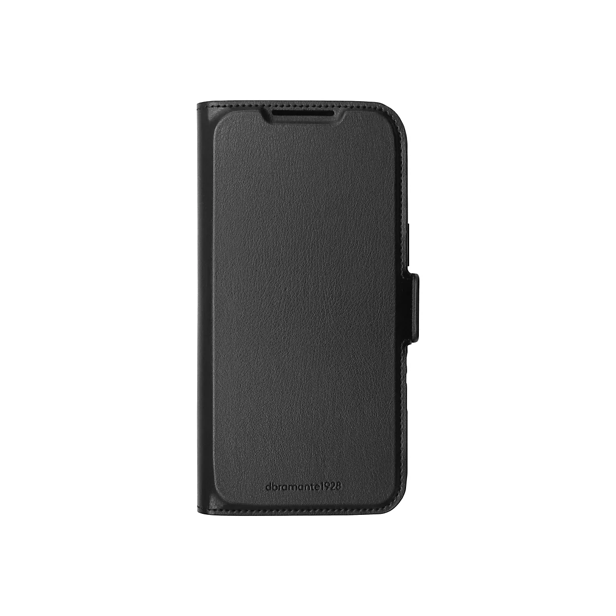 Schwarzes Handy Case in Lederoptik, mit Magnetverschluss. Auf dem Case steht "dramante1928".