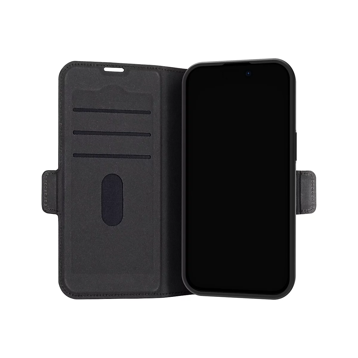 Schwarze Handyhülle, geöffnet, mit Kartenfächern und geschlossenem Handy.