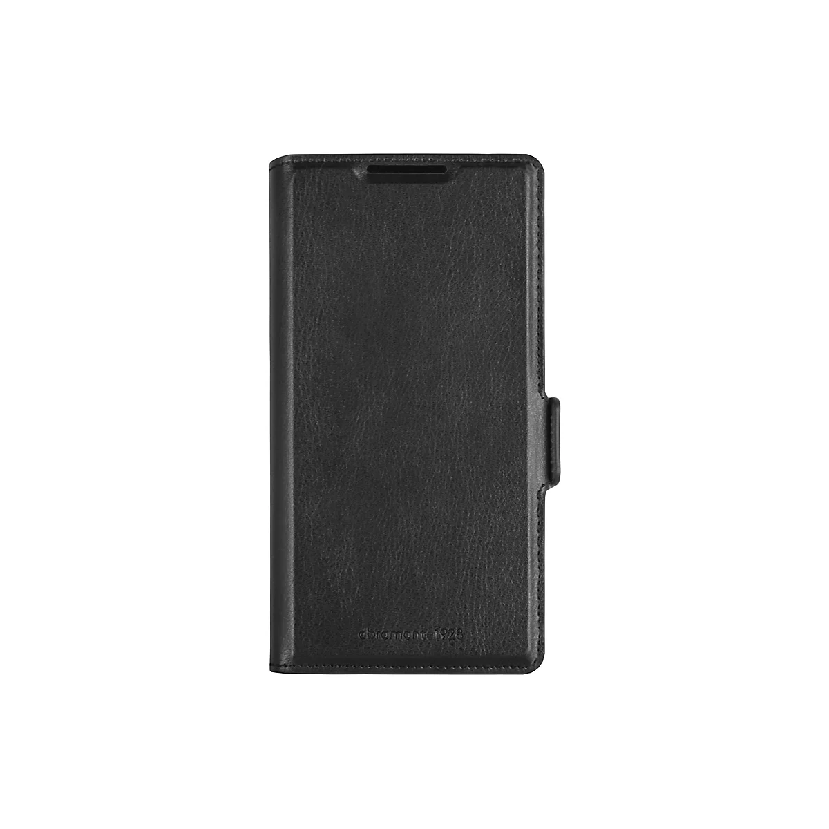 Schwarze Leder-Handyhülle, mit Lasche und Prägung "dbramante1928".