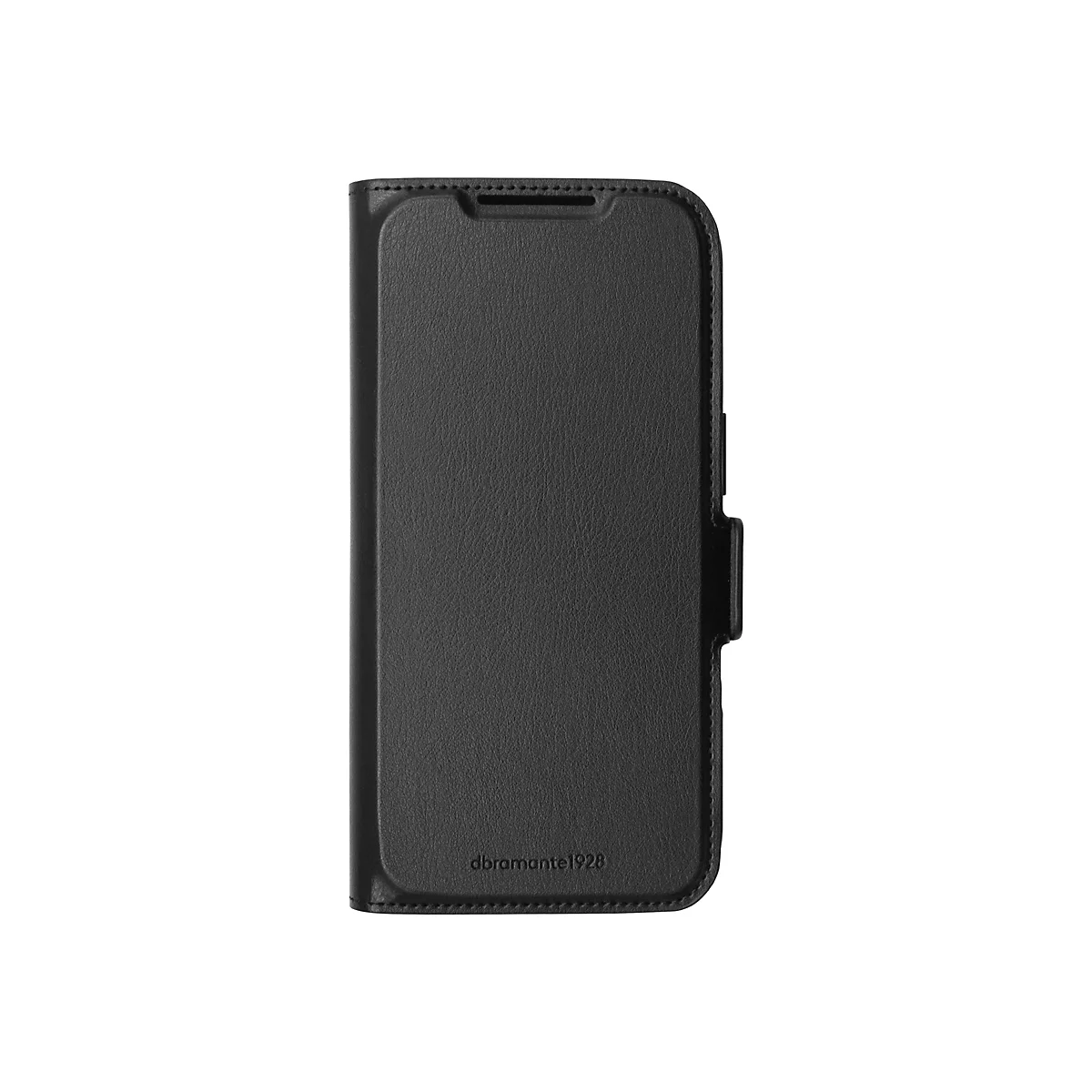 Schwarzes Handy-Case im Leder-Look mit Logo. Geschlossen und auf hellem Hintergrund.