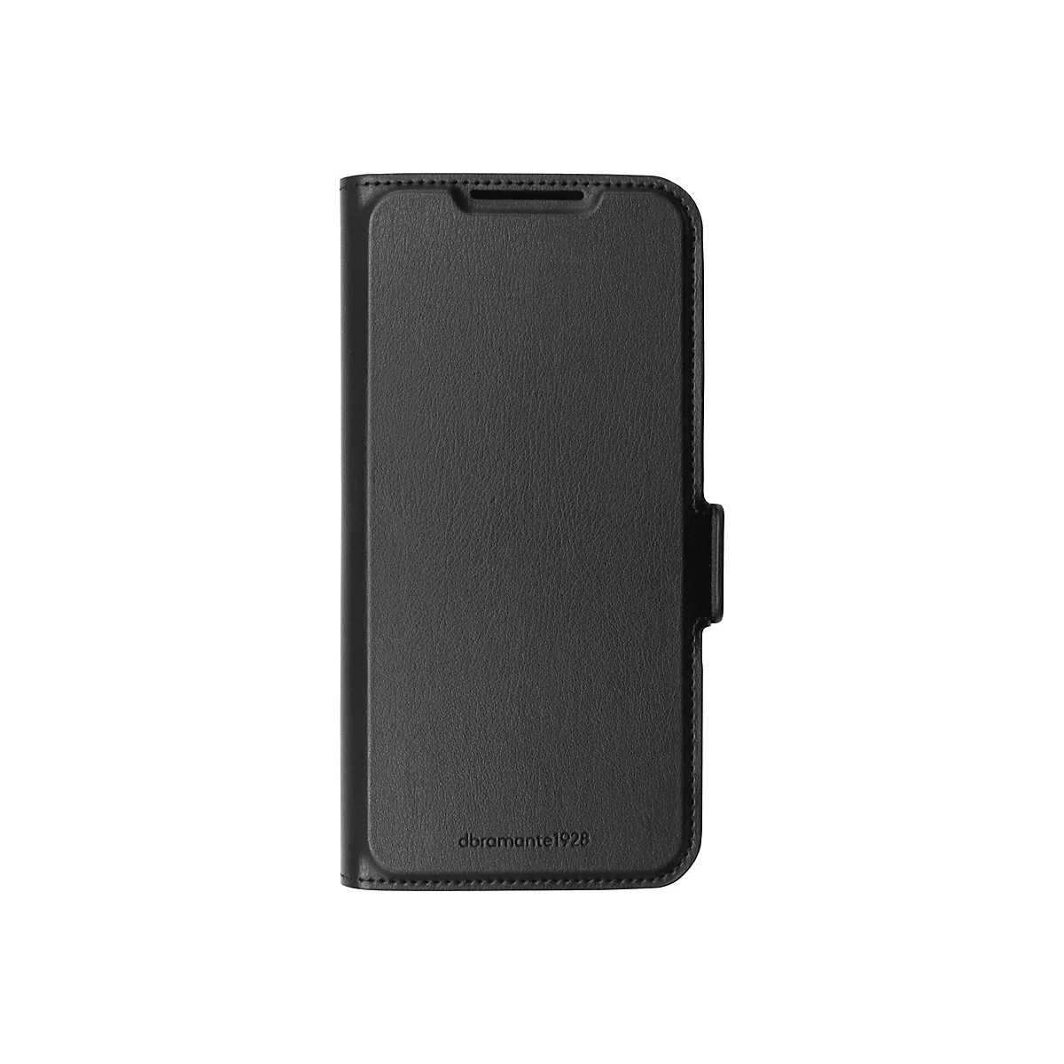 Schwarze Handyhülle aus Leder mit geprägtem Logo.