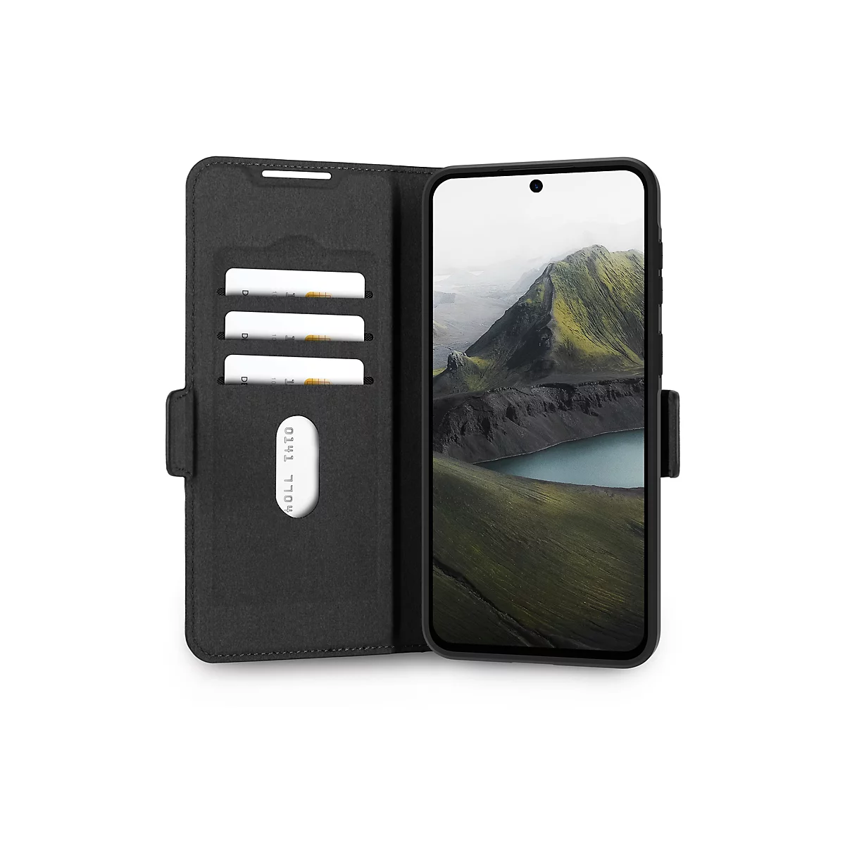 Schwarzes Handy Case mit Kartenfächern, offengeklappt. Der Bildschirm zeigt eine Landschaft mit Bergkette, See und Himmel.