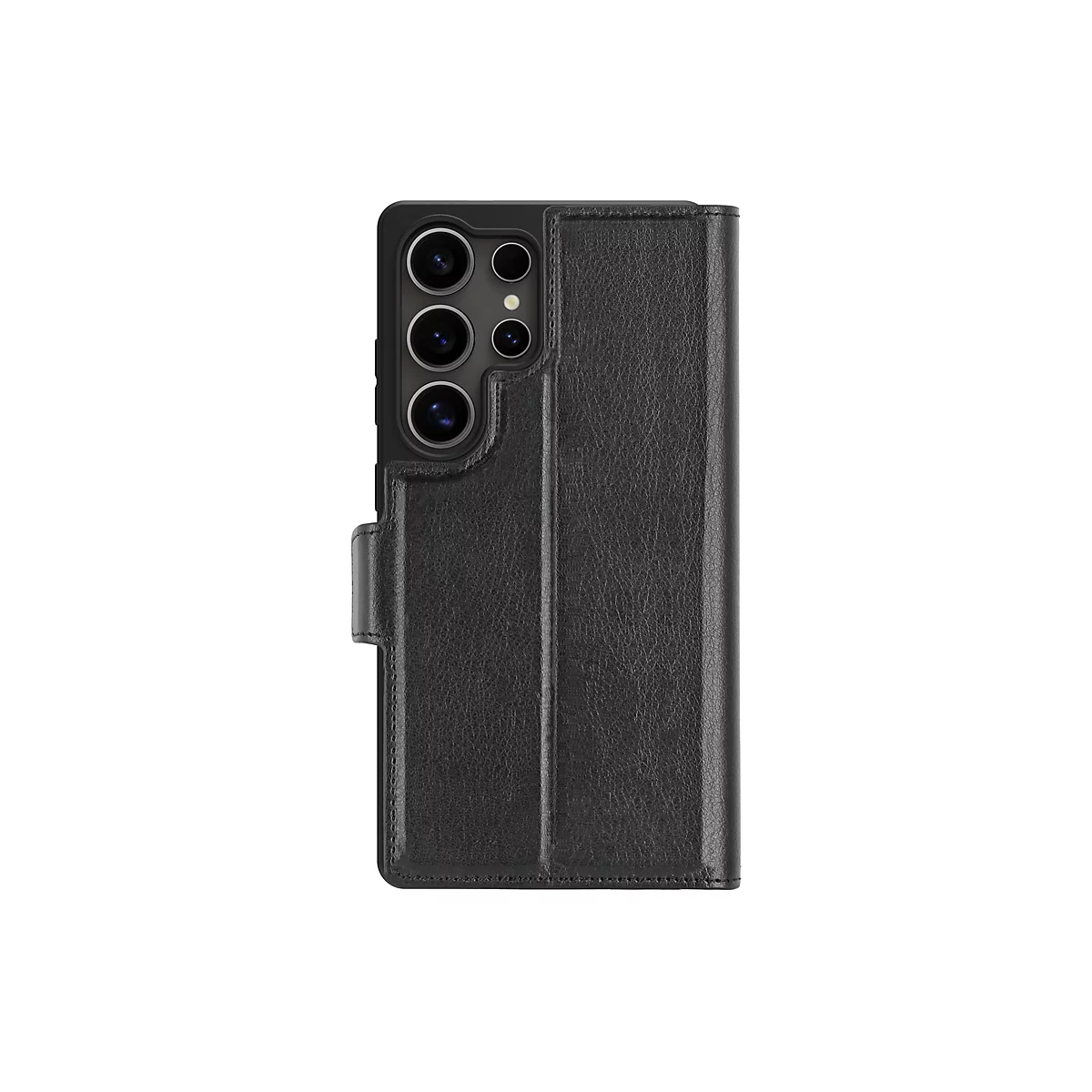 Schwarze Leder-Handyhülle für ein Smartphone, mit Klappe und Kamerabereich sichtbar.