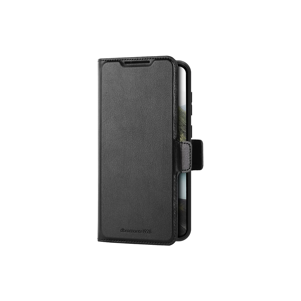 Schwarze Leder-Handyhülle mit Klappfunktion, die ein Smartphone umschließt. Auf der Hülle ist der Schriftzug "dbramante1928" zu sehen.