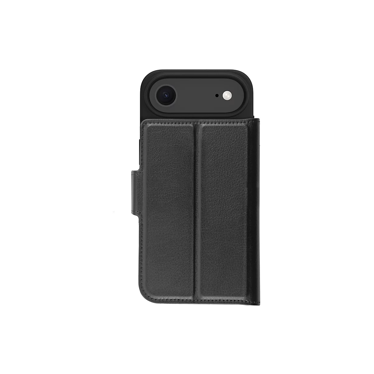 Ein schwarzes Smartphone mit schwarzer Lederhülle. Die Abdeckung ist geschlossen und bedeckt das Display.